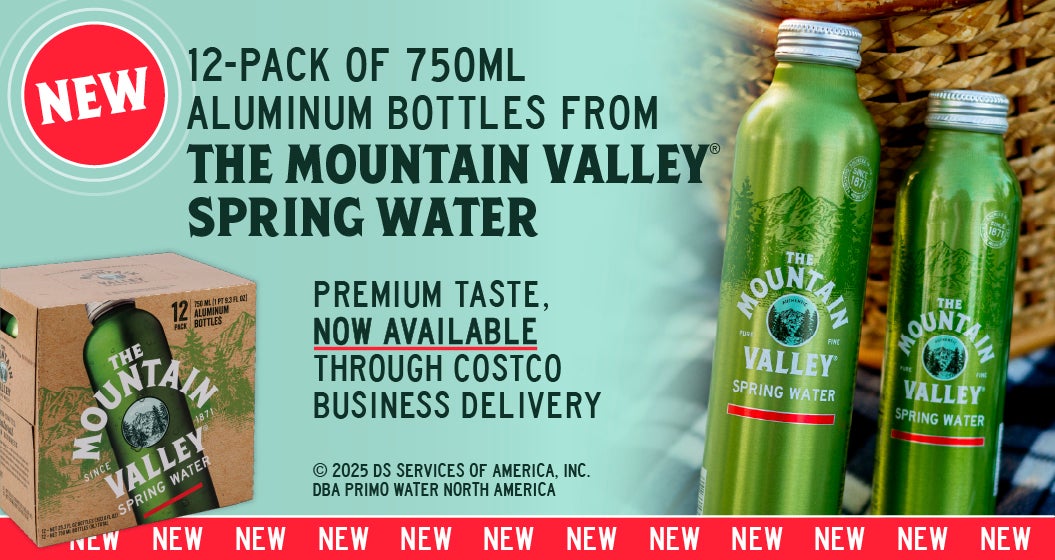 New 12-Pack of 750 ML Aluminum Bottles from The Mountain Valley Spring Water. Premium taste, now available through Costco Business Delivery.