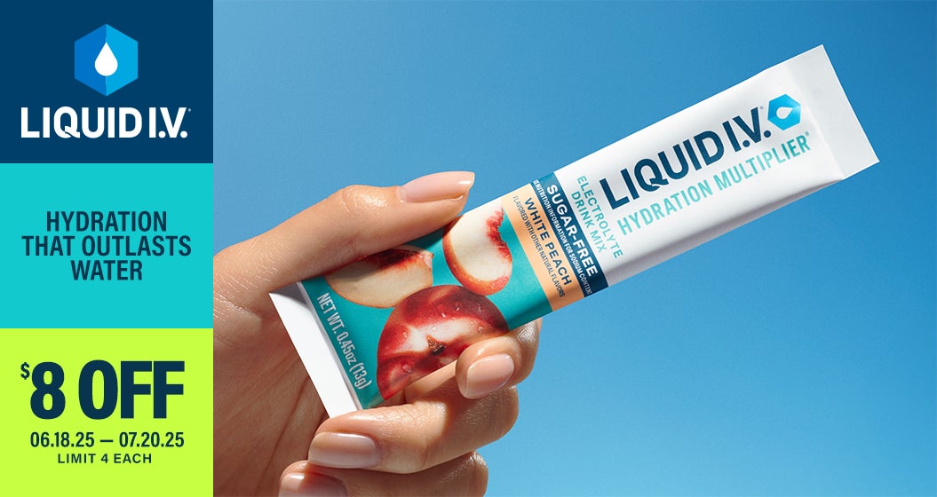 Liquid IV, Hydration that outlasts water. $8 Off, Limit 4 each.