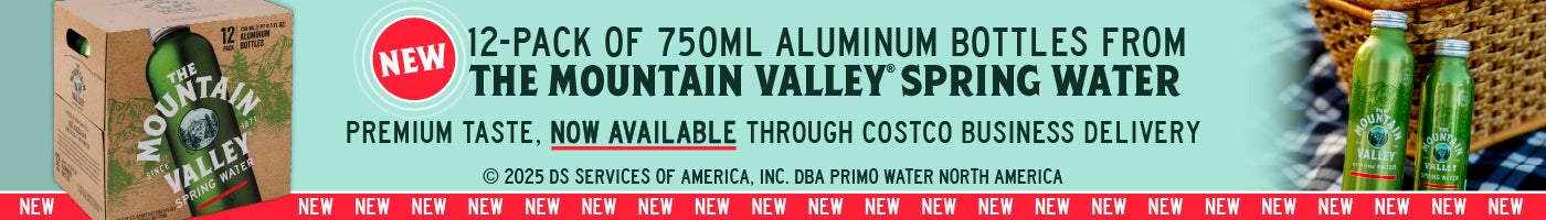 New 12-Pack of 750 ML Aluminum Bottles from The Mountain Valley Spring Water. Premium taste, now available through Costco Business Delivery.