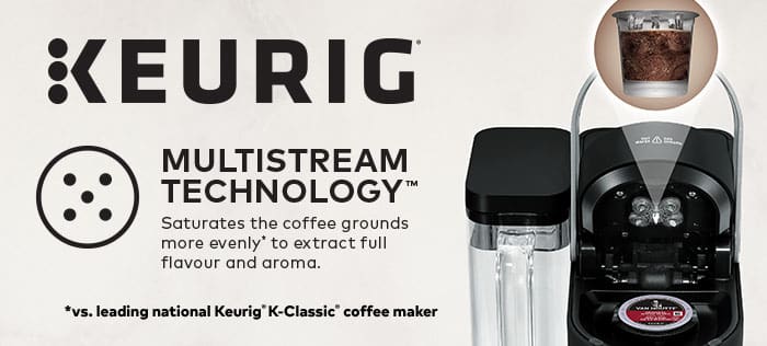 Keurig. Multistream technology. Saturates the coffee grounds more evenly* to extract full flavour and aroma. *Versus leading Keurig K-classic coffee maker.