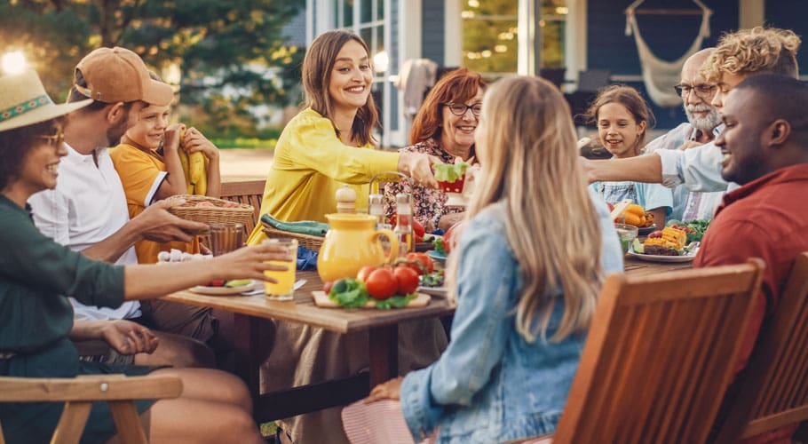 a group of people eating outside