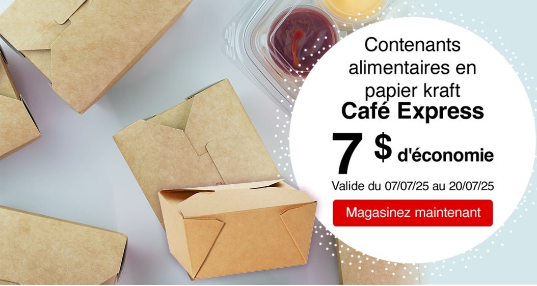 Contenants alimentaires en papier kraft Café Express. 7 $ d'économie. Valide du 07/07/25 au 20/07/25. Magasinez maintenant.