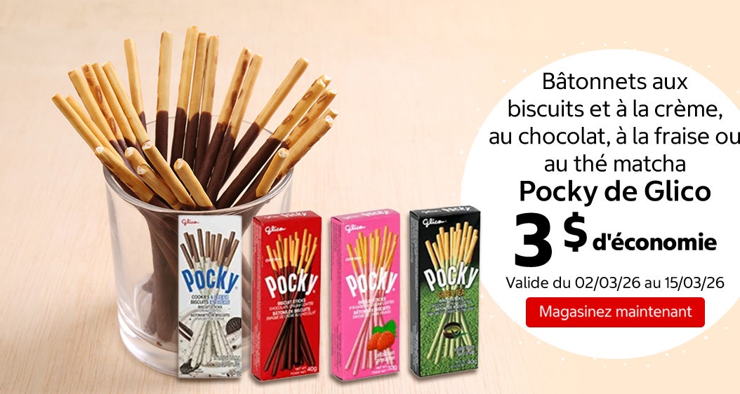Bâtonnets aux biscuits et à la crème, au chocolat, à la fraise ou au thé matcha Pocky de Glico 3 $ d'économie. Valide du 02/03/26 au 15/03/26. Magasinez maintenant.