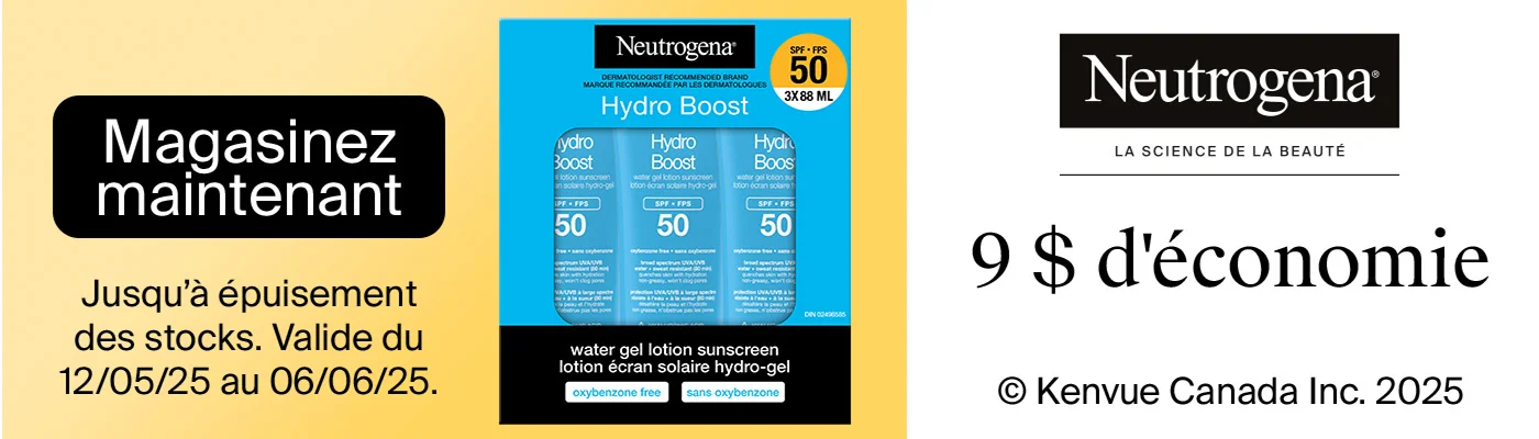 Neutrogena. 9 $ d'économie. Neutrogena Hydro Boost Lotion écran solaire hydro-gel PFS 50, 3 x 88 mL. Magasinez maintenant. Valide du 12/05/2025 au 06/06/2025. Jusqu'à épuisement des stocks.