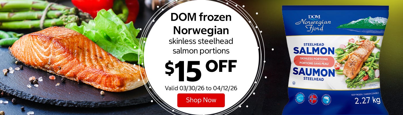 DOM frozen Norwegian skinless steelhead salmon portions $15 Off. Valid 03/30/26 to 04/12/26. Shop Now 