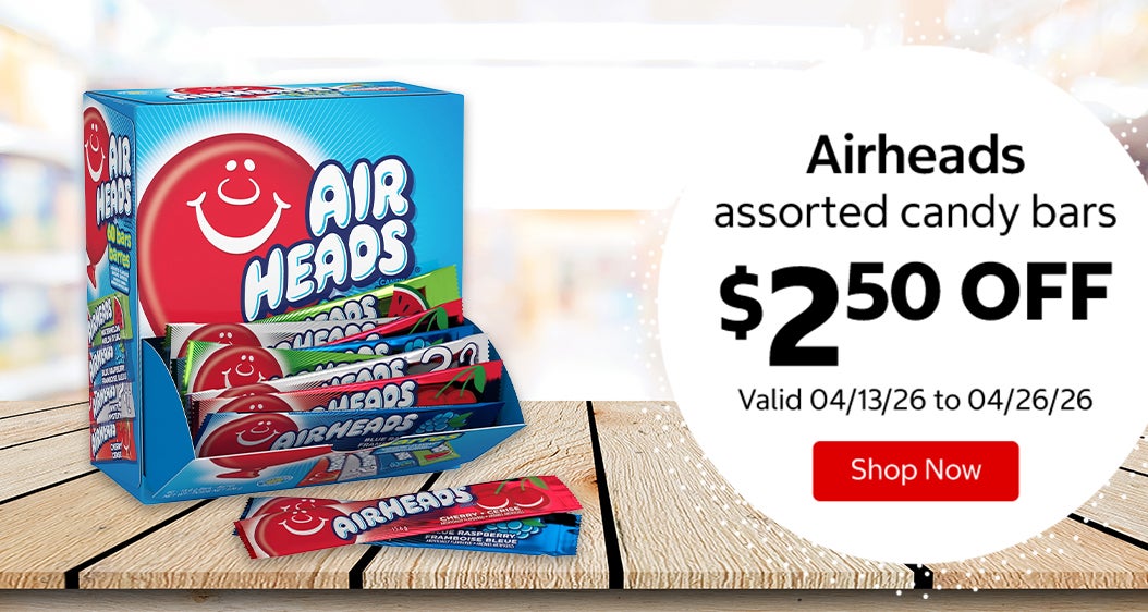 Airheads assorted candy bars $2.50 Off. Valid 04/13/26 to 04/26/26. Shop Now 