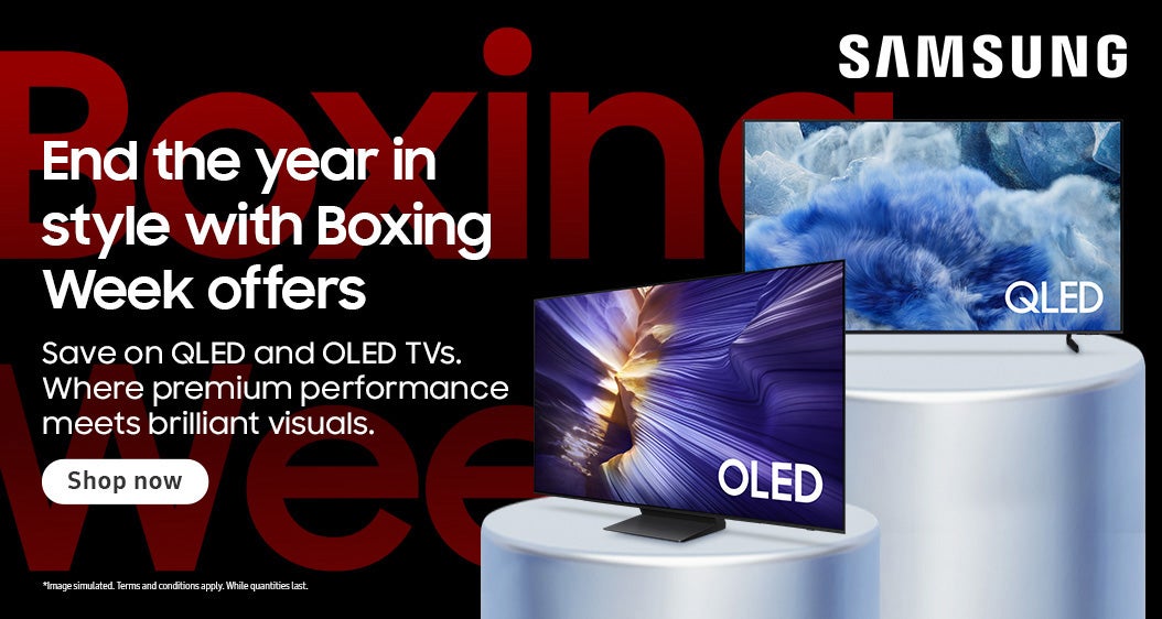 Samsung. End the year in style with Boxing Week offers. Save on QLED and OLED TVS. Where premium performance meets brilliant visuals. Shop now. *Images simulated. Terms and conditions apply. While quantities last.