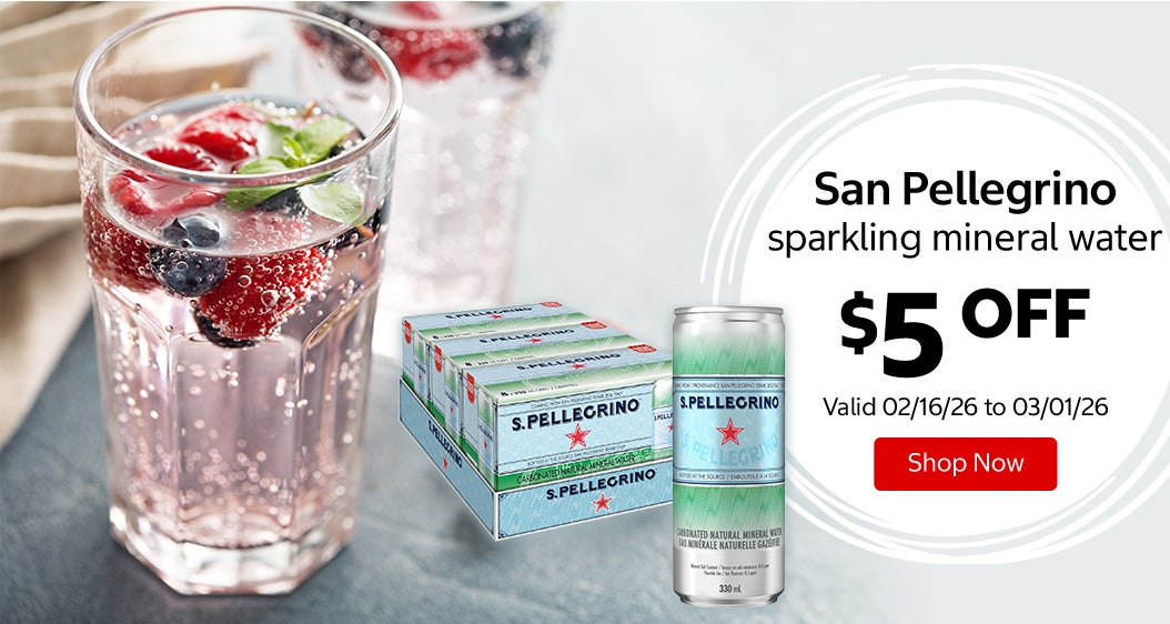 San Pellegrino sparkling mineral water $5 Off. Valid 02/16/26 to 03/01/26. Shop Now 