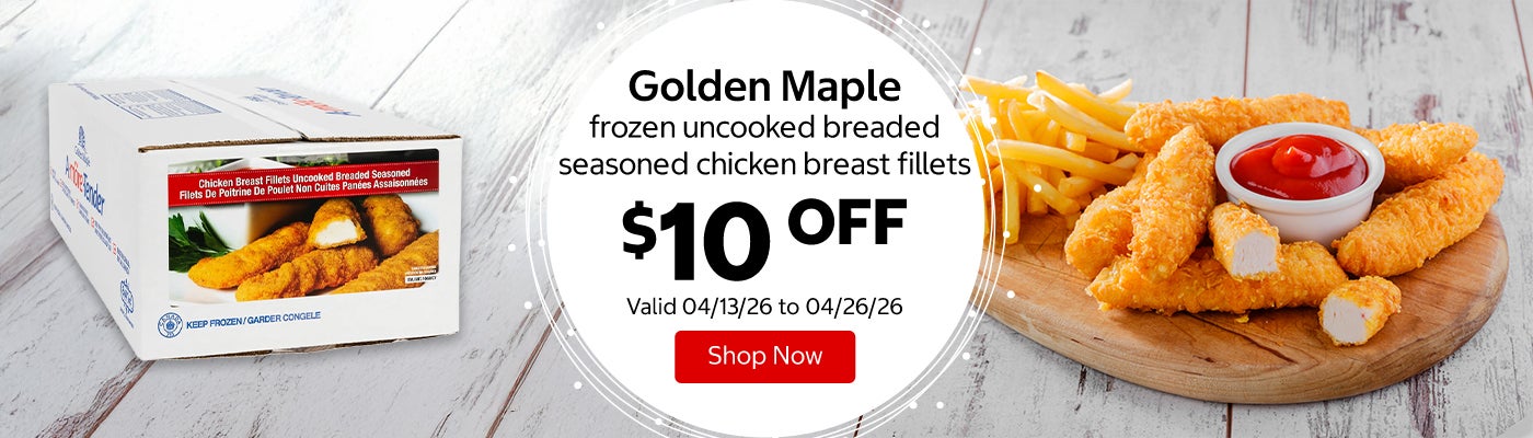 Golden Maple frozen uncooked breaded seasoned chicken breast fillets $10 Off. Valid 04/13/26 to 04/26/26. Shop Now 