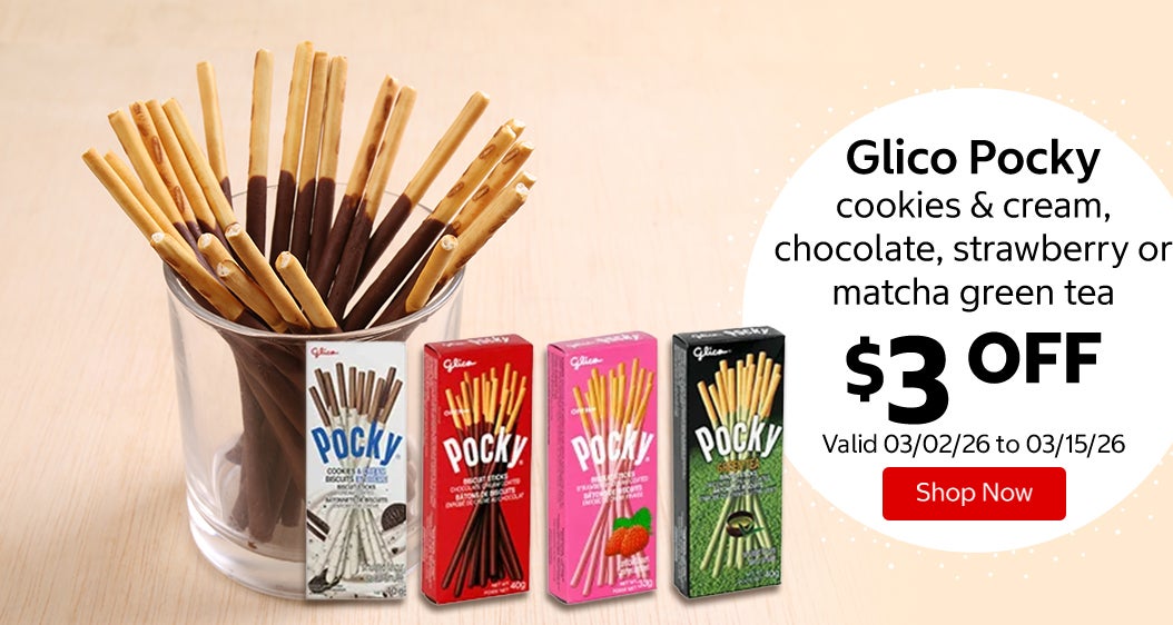 Glico Pocky cookies & cream, chocolate, strawberry or matcha green tea $3 Off. Valid 03/02/26 to 03/15/26. Shop Now 