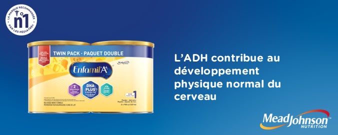 Contient de l'ADH, un type d'acide gras oméga-3 et un important élément constitutif du cerveau de votre bébé.  MeadJohnson NUTRITION