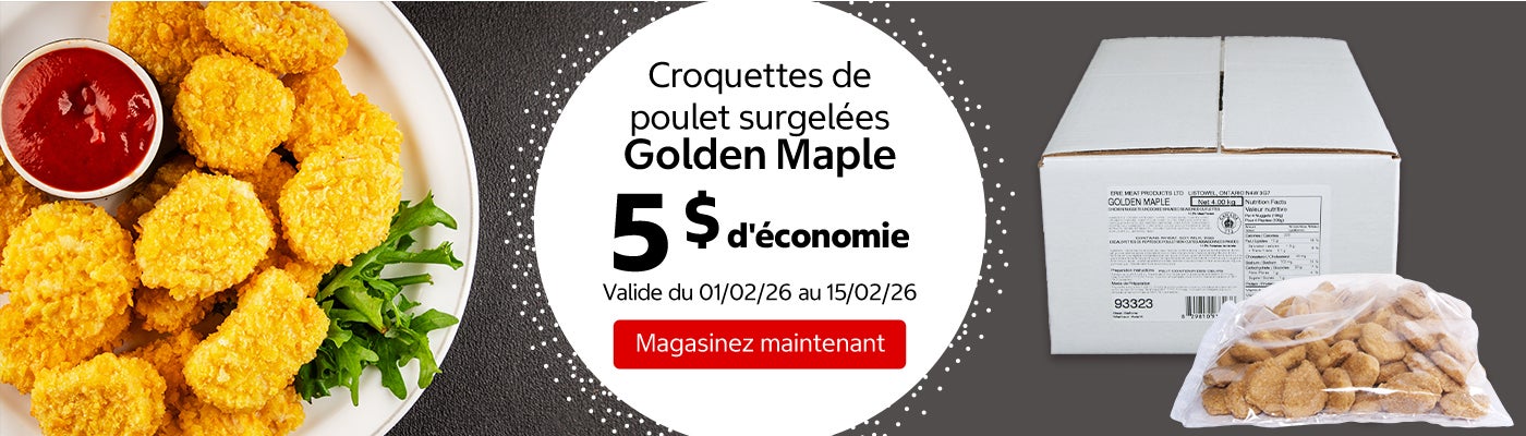 Croquettes de poulet surgelées Golden Maple 5 $ d'économie. Valide du 01/02/26 au 15/02/26. Magasinez maintenant.