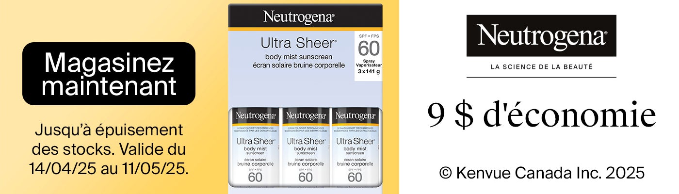 Neutrogena. La science de la beauté. Ultra sheer écran solaire bruine corporelle. 9 $ d'économie. Valide du 14/04/2025 au 11/05/2025. Magasinez maintenant. Jusqu'à épuisement des stocks.