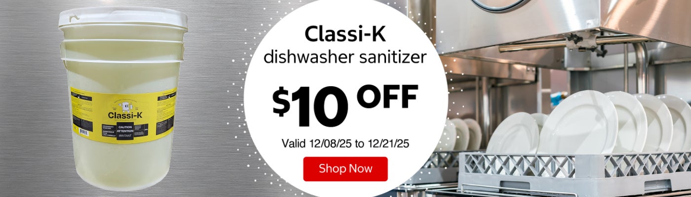 Classi-K dishwasher sanitizer $10 Off. Valid 12/08/25 to 12/21/25. Shop Now 