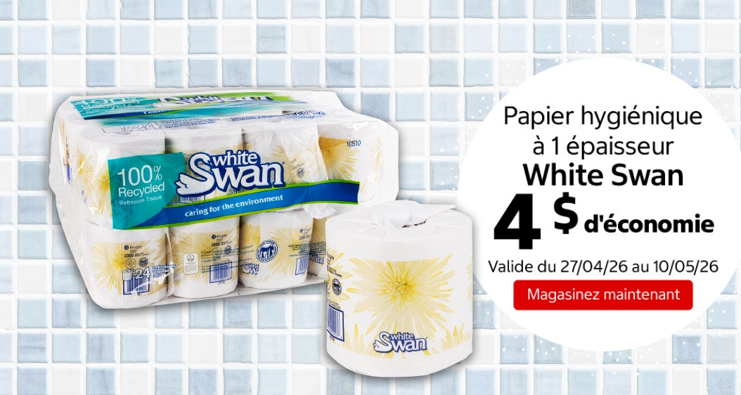 Papier hygiénique à 1 épaisseur White Swan 4 $ d'économie. Valide du 27/04/26 au 10/05/26. Magasinez maintenant.