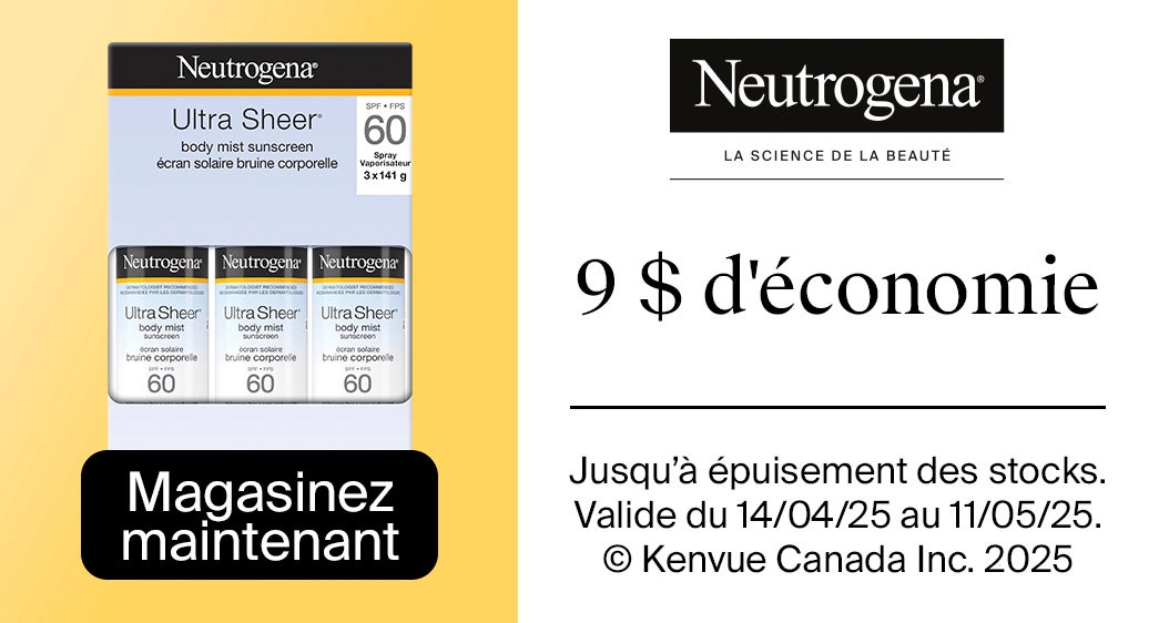 Neutrogena. La science de la beauté. Ultra sheer écran solaire bruine corporelle. 9 $ d'économie. Valide du 14/04/2025 au 11/05/2025. Magasinez maintenant. Jusqu'à épuisement des stocks.