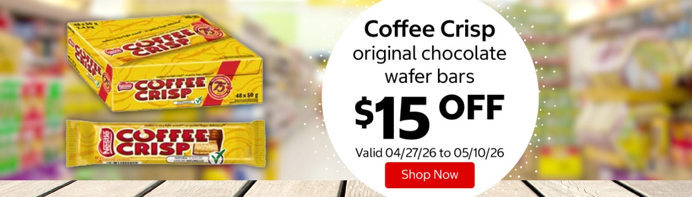 Coffee Crisp original chocolate wafer bars $15 Off. Valid 04/27/26 to 05/10/26. Shop Now 