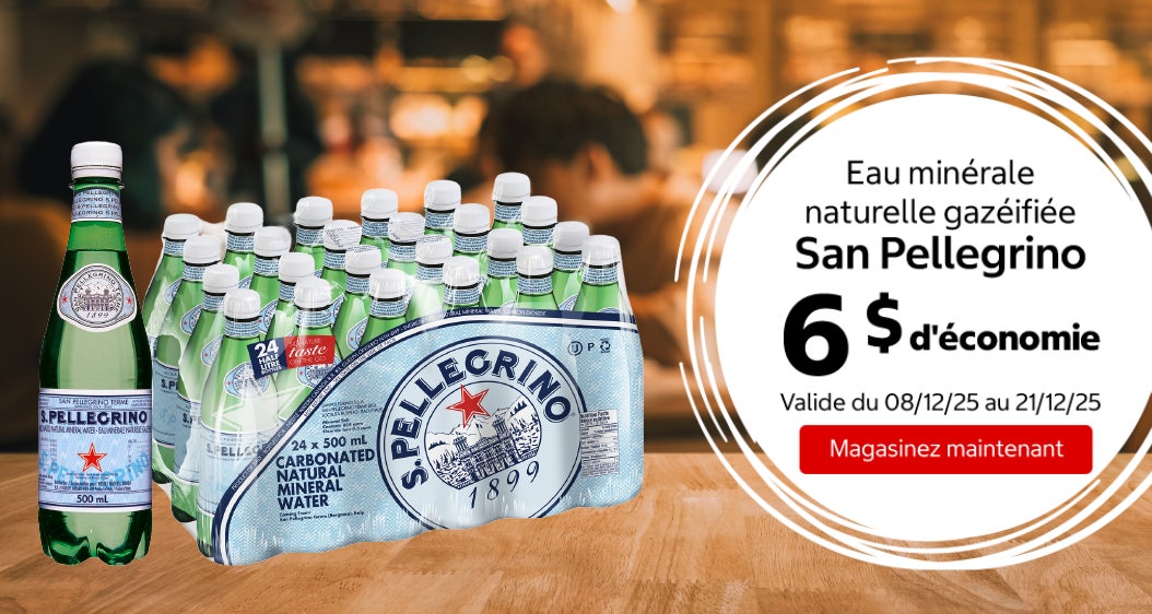 Eau minérale naturelle gazéifiée San Pellegrino 6 $ d'économie. Valide du 08/12/25 au 21/12/25. Magasinez maintenant.