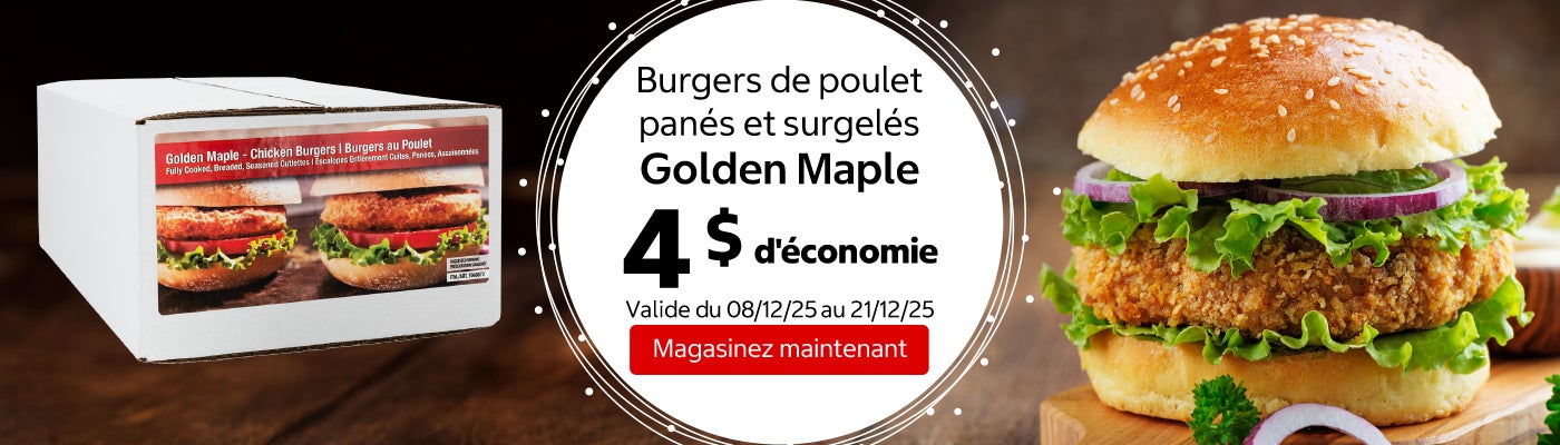 Burgers de poulet panés et surgelés Golden Maple 4 $ d'économie. Valide du 08/12/25 au 21/12/25. Magasinez maintenant.