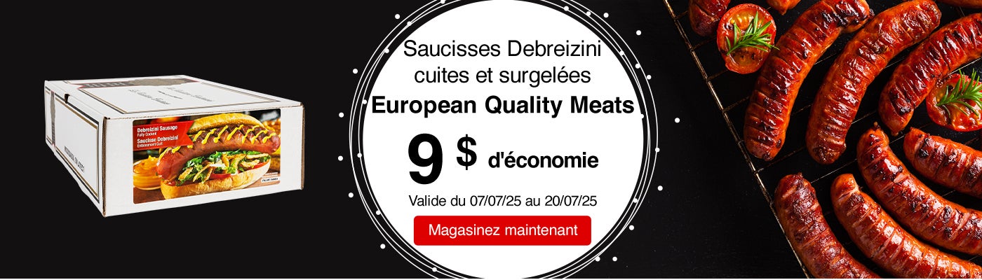 Saucisses Debreizini cuites et surgelées European Quality Meats. 9 $ d'économie. Valide du 07/07/25 au 20/07/25. Magasinez maintenant.