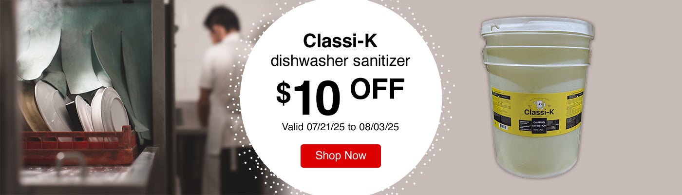 Classi-K dishwasher sanitizer $10 Off. Valid 07/21/25 to 08/03/25. Shop Now.