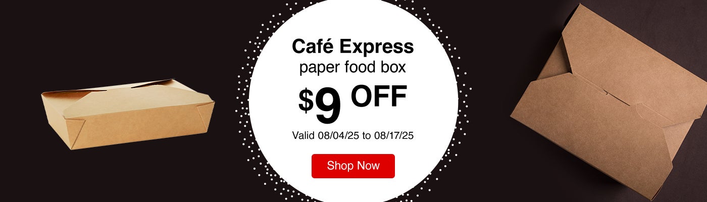 Café Express paper food box $9 Off. Valid 08/04/25 to 08/17/25. Shop Now.