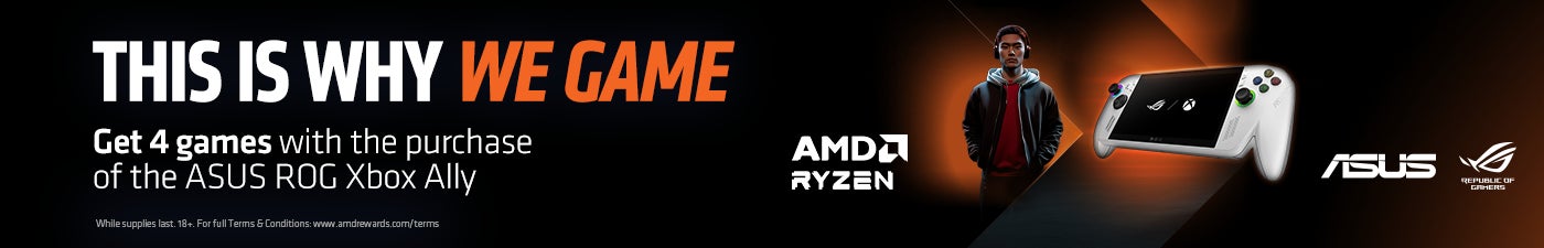 this is why we game get 4 games with the purchase of the asus rog xbox ally while supplies last. 18+. for full terms & conditions: www.amdrewards.com/terms amd ryzen g asus republic of gamers