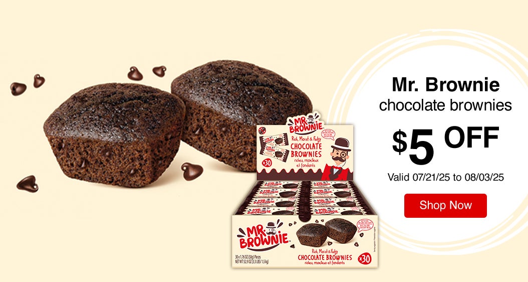 Mr. Brownie chocolate brownies $5 Off. Valid 07/21/25 to 08/03/25. Shop Now.