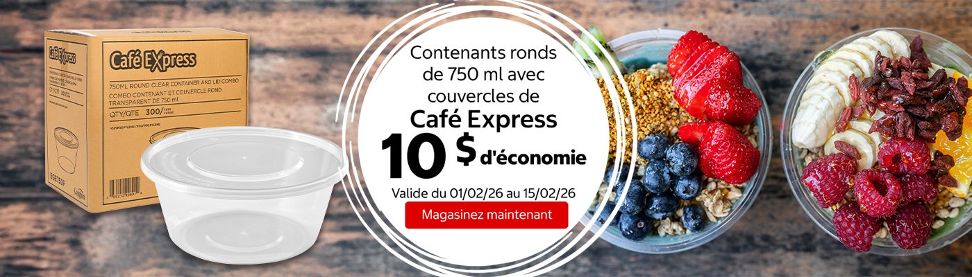 Contenants ronds de 750 ml avec couvercles de Café Express 10 $ d'économie. Valide du 01/02/26 au 15/02/26. Magasinez maintenant.