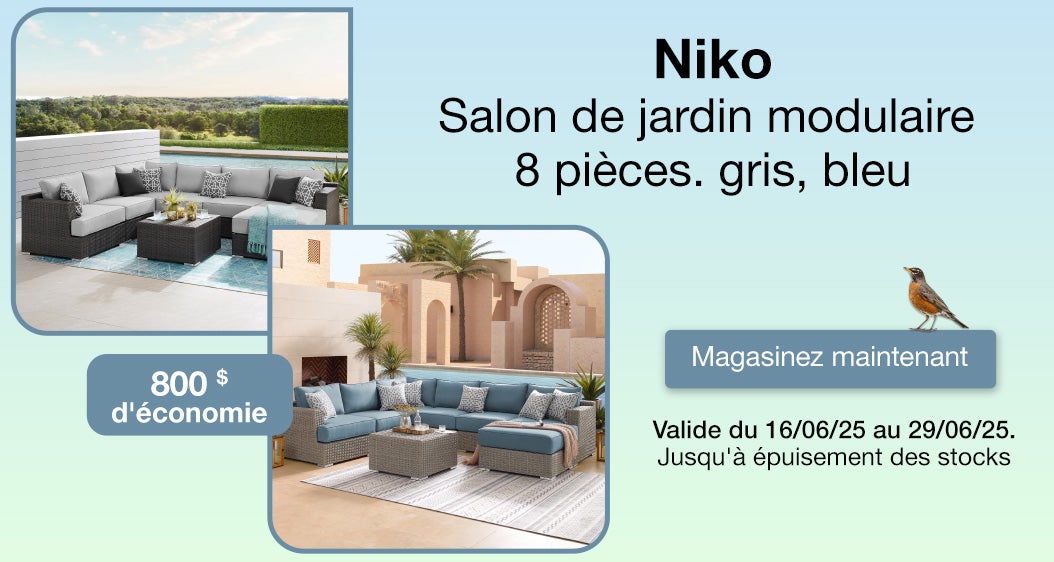 Niko - Salon de jardin modulaire  8 pièces gris, bleu 800 $ d'économie Valide du 16/06/25 au 29/06/25  Magasinez maintenant Jusqu'à épuisement des stocks