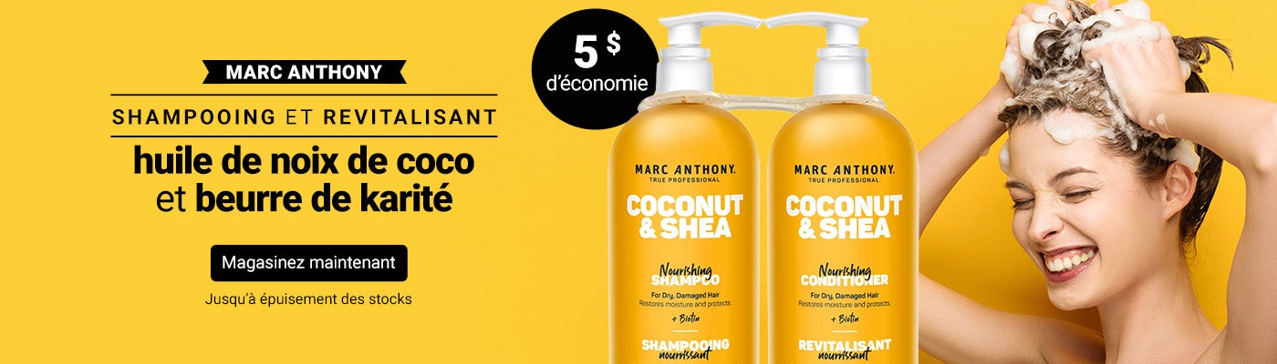 Marc Anthony - Shampooing et revitalisant huile de noix de coco et beurre de karité. 5 $ d’économie. Magasinez Maintenant. Jusqu’à épuisement des stocks.