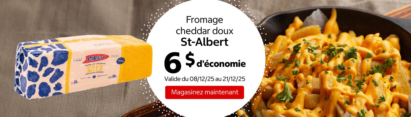 Fromage cheddar doux St-Albert 6 $ d'économie. Valide du 08/12/25 au 21/12/25. Magasinez maintenant.