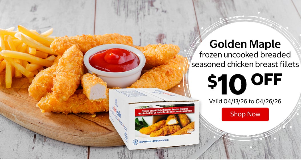Golden Maple frozen uncooked breaded seasoned chicken breast fillets $10 Off. Valid 04/13/26 to 04/26/26. Shop Now 