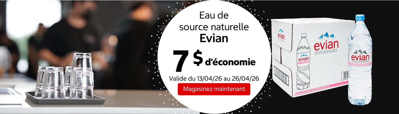 Eau de source naturelle Evian 7 $ d'économie. Valide du 13/04/26 au 26/04/26. Magasinez maintenant.