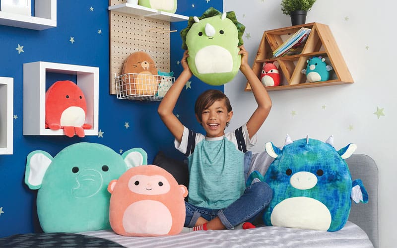 a young boy holding a squishmallow