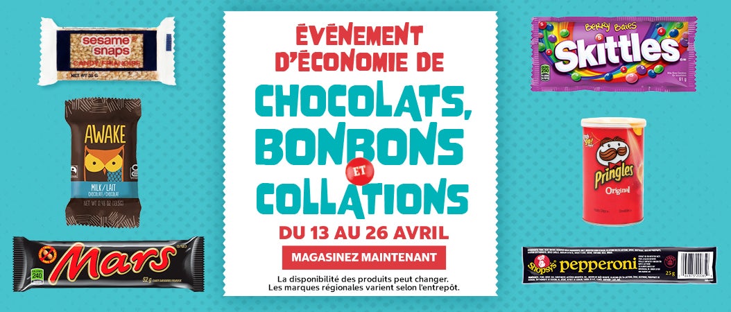 Événement d'economie de Chocolats, Bonbons et Collations Du 13 au 26 Avril Magasinez Maintenant   La disponibilité des produits peut changer. Les marques régionales varient selon entrepôt
