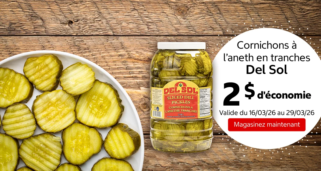 Cornichons à l’aneth en tranches Del Sol 2 $ d'économie. Valide du 16/03/26 au 29/03/26. Magasinez maintenant.