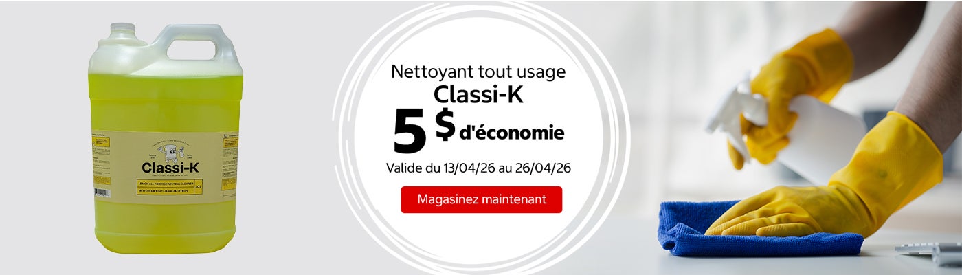 Nettoyant tout usage Classi-K 5 $ d'économie. Valide du 13/04/26 au 26/04/26. Magasinez maintenant.