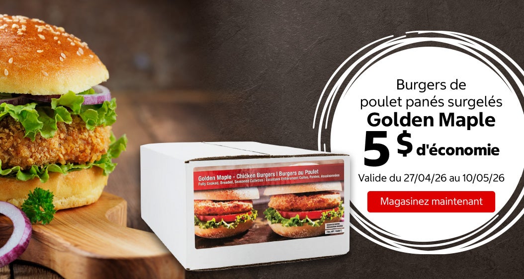 Burgers de poulet panés surgelés  Golden Maple 5 $ d'économie. Valide du 27/04/26 au 10/05/26. Magasinez maintenant.