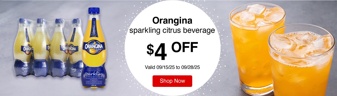 Orangina sparkling citrus beverage $4 Off. Valid 09/15/25 to 09/28/25. Shop Now 