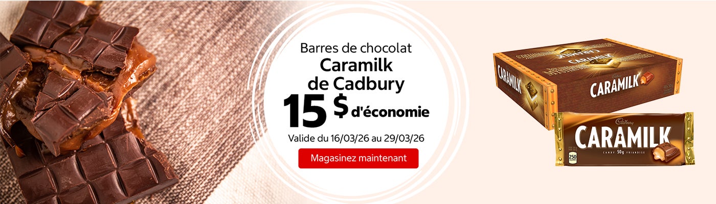 Barres de chocolat Caramilk de Cadbury 15 $ d'économie. Valide du 16/03/26 au 29/03/26. Magasinez maintenant.