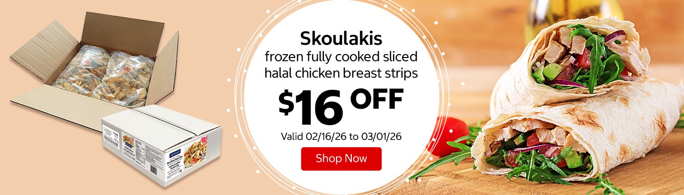 Skoulakis frozen fully cooked sliced halal chicken breast strips $16 Off. Valid 02/16/26 to 03/01/26. Shop Now 