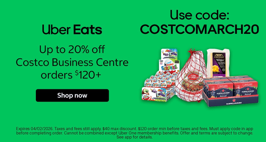 Uber Eats  Up to 20% off Costco Business Centre orders $120+  Use code: COSTCOMARCH20 Shop now  Expires 04/02/2026. Taxes and fees still apply. $40 max discount. $120 order min before taxes and fees. Must apply code in app before completing order. Cannot be combined except Uber One membership benefits. Offer and terms are subject to change. See app for details.