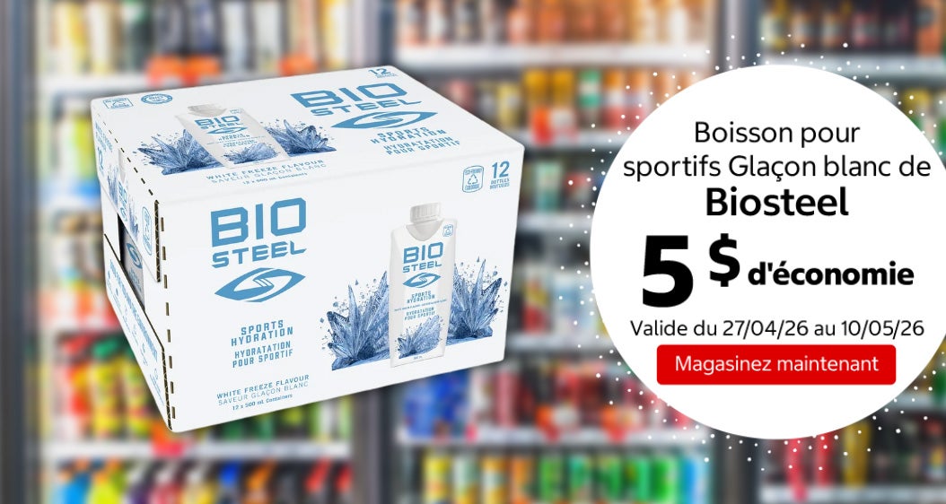 Boisson pour sportifs Glaçon blanc de Biosteel 5 $ d'économie. Valide du 27/04/26 au 10/05/26. Magasinez maintenant.