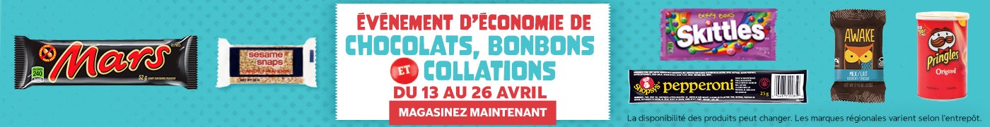 Événement d'economie de Chocolats, Bonbons et Collations Du 13 au 26 Avril Magasinez Maintenant   La disponibilité des produits peut changer. Les marques régionales varient selon entrepôt