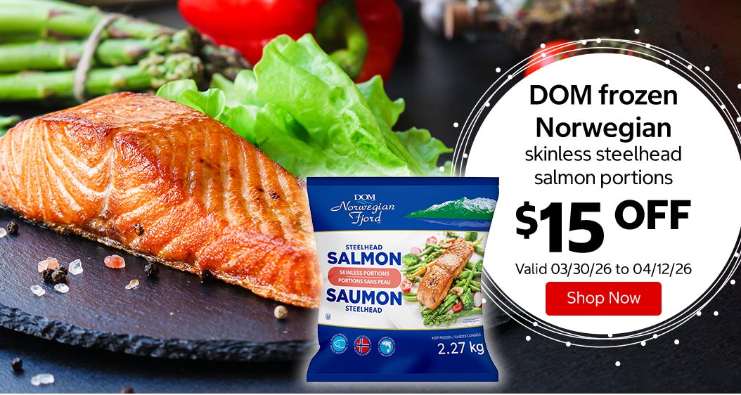 DOM frozen Norwegian skinless steelhead salmon portions $15 Off. Valid 03/30/26 to 04/12/26. Shop Now 