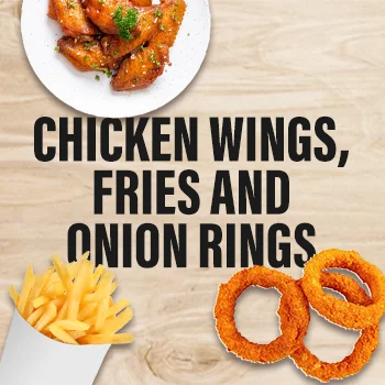 Chicken Wings, Fries and Onion Rings  