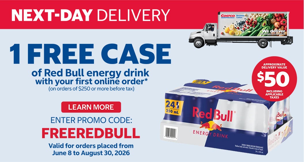 NEXT-DAY DELIVERY 1 FREE CASE of Red Bull energy drink with your first online delivery order* (on orders of $250 or more before tax)  ENTER PROMO CODE: FREEREDBULL Valid from May 13 to July 7, 2024 $50 Approx. Delivery Value Including Applicable Taxes. LEARN MORE