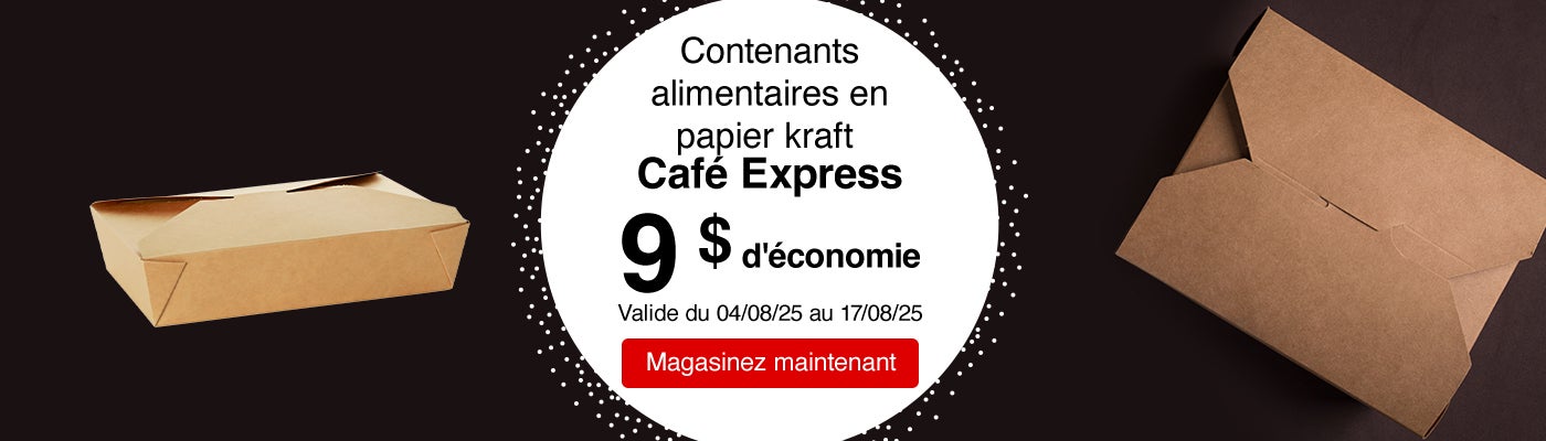 Contenants alimentaires en papier kraft Café Express 9 $ d'économie. Valide du 04/08/25 au 17/08/25. Magasinez maintenant.