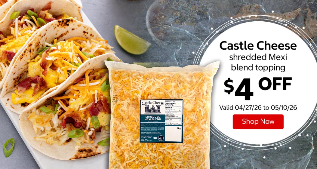 Castle Cheese shredded Mexi blend topping $4 Off. Valid 04/27/26 to 05/10/26. Shop Now 